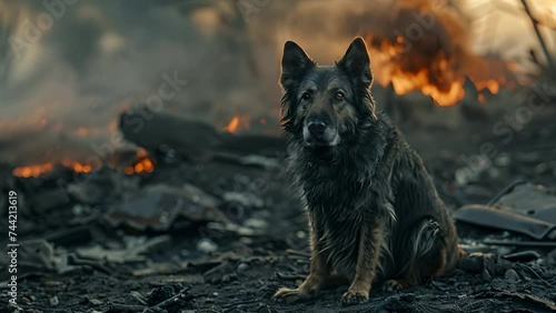 Dog watching human civilization burn to the ground in a post apocalyptic landscape photo