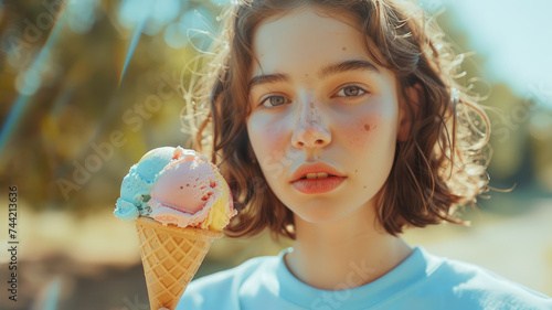 Young girl eating a delicious ice cream cone in the summer.