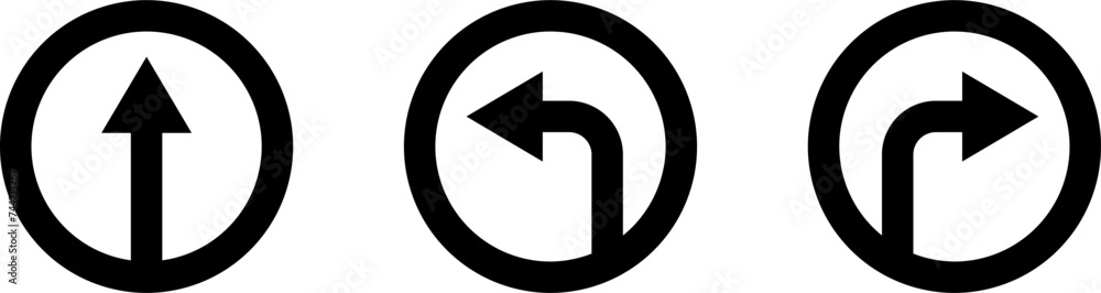 Set of Black and White One Way Only Round Floor Marking Sticker Icon with Direction Arrow and Text. Vector Image. Set of Black and White One Way Only Round Floor Marking Sticker Icon with Direction Arrow and Text. Vector Image.