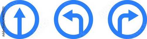 Set of Blue and White One Way Only Round Floor Marking Sticker Icon with Direction Arrow and Text. Vector Image.