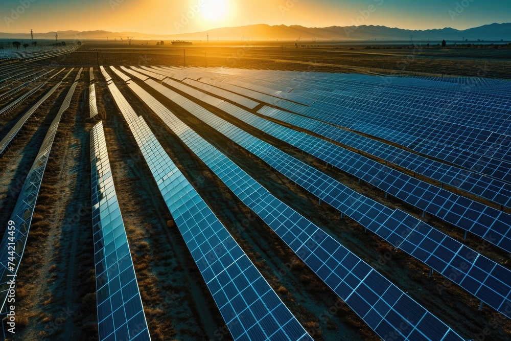 A stunning view of a large solar farm with the golden sun setting in the background, showcasing the power of renewable energy, Imagery of a vast solar farm capturing dazzling sunlight, AI Generated