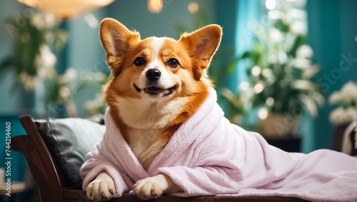 Beautiful dog in a bathrobe in a spa salon resting © tanya78