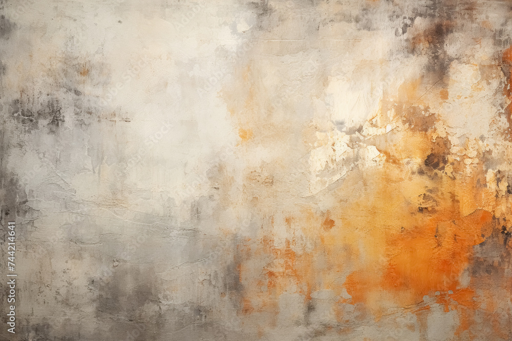 Abstract background with textured gradient soft pastel grey and orange with distressed paint strokes with rust effect, concrete colorful wall