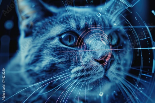 Digital Composite Image of a Cat with Cybernetic Enhancements Highlighting the Convergence of Biology and Technology photo