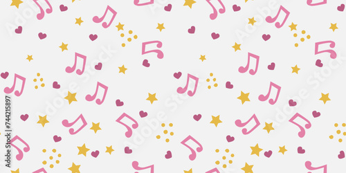 Notes, stars, hearts. Vector background of girlish and musical items. Music and little stars.