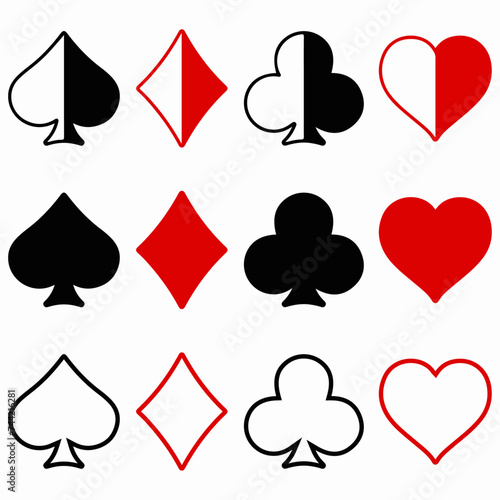 Suit deck of playing cards. Vector illustration with four suits, presented in three variations.