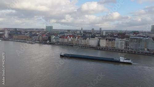 Wallpaper Mural Aerial Panning Shot of Long Ocean Liner Approaching Bridge in Residential Germany  Torontodigital.ca