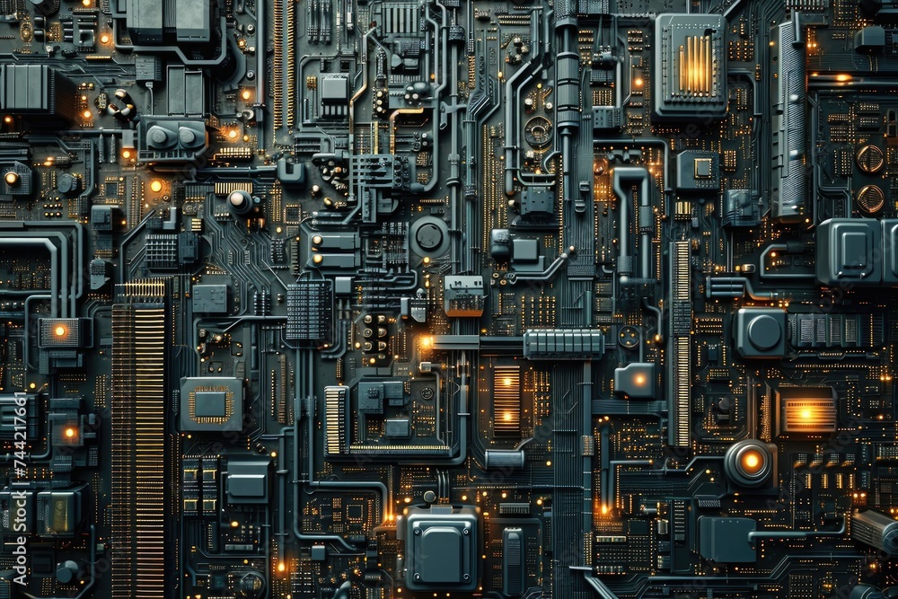 A computer circuit board showcasing an array of yellow lights, illuminating the intricate electronic connections, Intricate circuit board pattern resembling a cityscape, AI Generated A computer circuit board showcasing an array of yellow lights, illuminating the intricate electronic connections, Intricate circuit board pattern resembling a cityscape, AI Generated