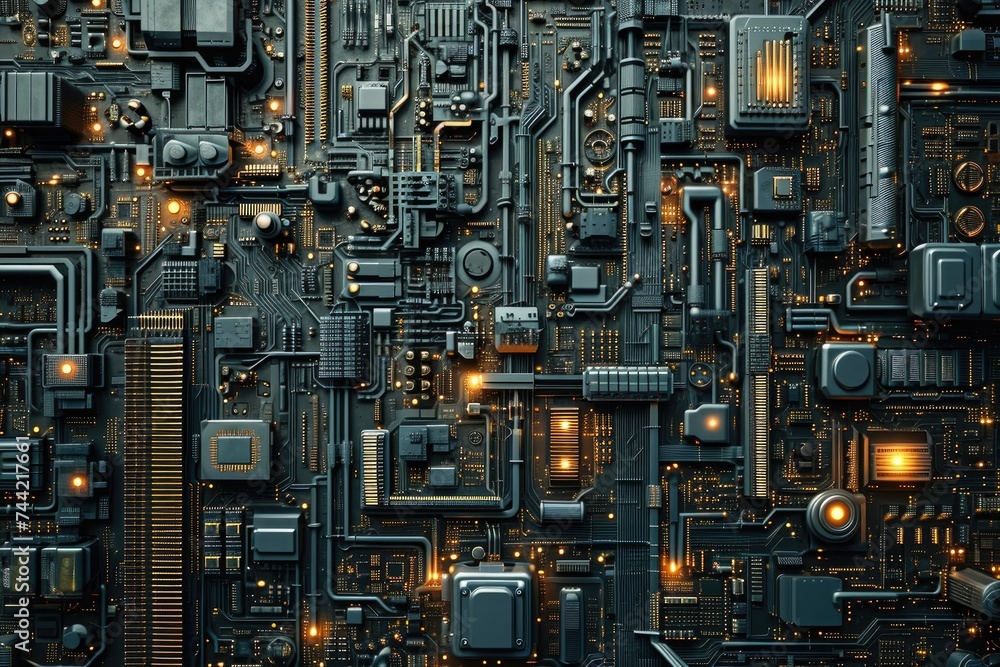 A computer circuit board showcasing an array of yellow lights, illuminating the intricate electronic connections, Intricate circuit board pattern resembling a cityscape, AI Generated