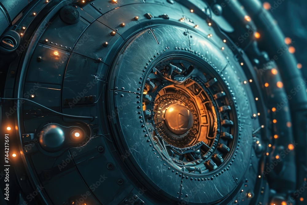 A detailed photograph capturing a close-up view of a metal object with vibrant lights, Intricate details of a futuristic spaceship engine, AI Generated A detailed photograph capturing a close-up view of a metal object with vibrant lights, Intricate details of a futuristic spaceship engine, AI Generated
