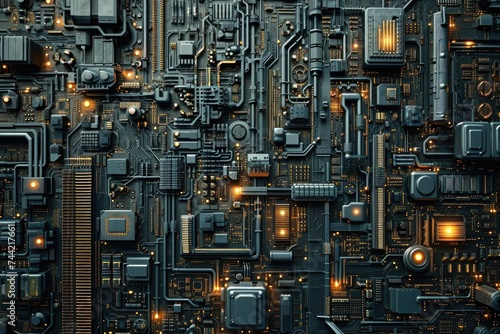 A computer circuit board showcasing an array of yellow lights, illuminating the intricate electronic connections, Intricate circuit board pattern resembling a cityscape, AI Generated