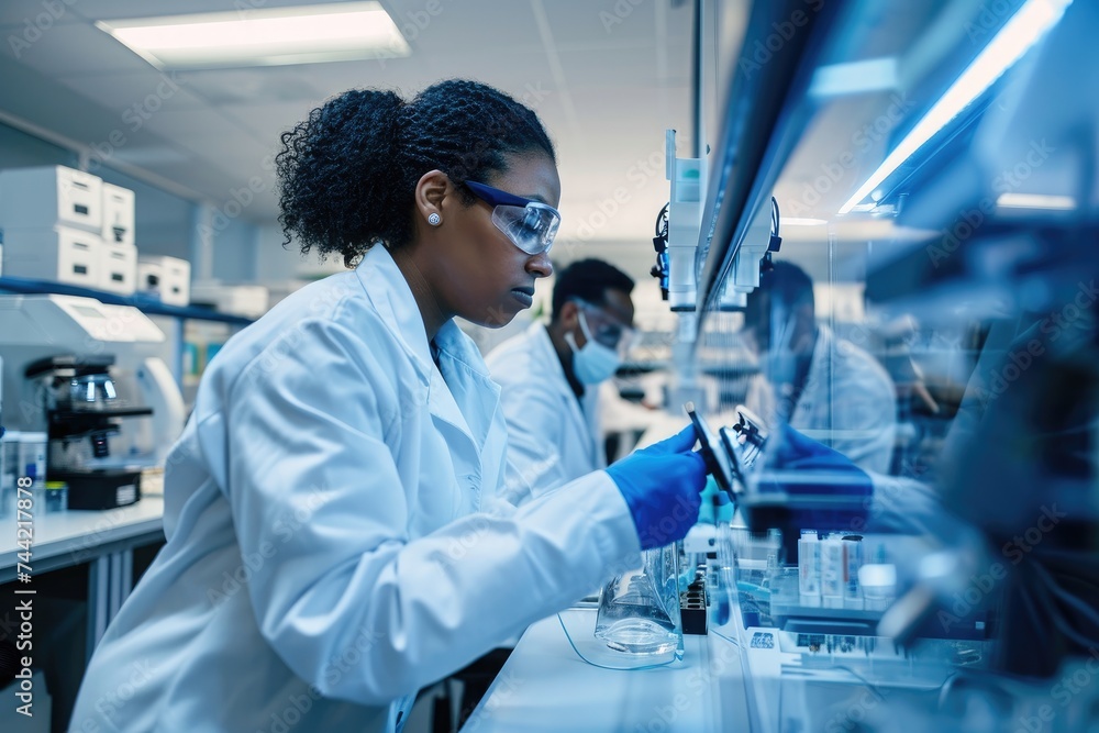 A team of researchers, wearing lab coats, diligently conducting experiments and analyzing data in a busy laboratory, Lab technicians using a 3D bioprinter, AI Generated A team of researchers, wearing lab coats, diligently conducting experiments and analyzing data in a busy laboratory, Lab technicians using a 3D bioprinter, AI Generated