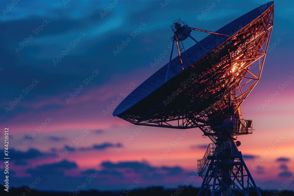 A very large satellite dish dominates the landscape as it sits on top of a hill, Large satellite dish receiving data from space, AI Generated