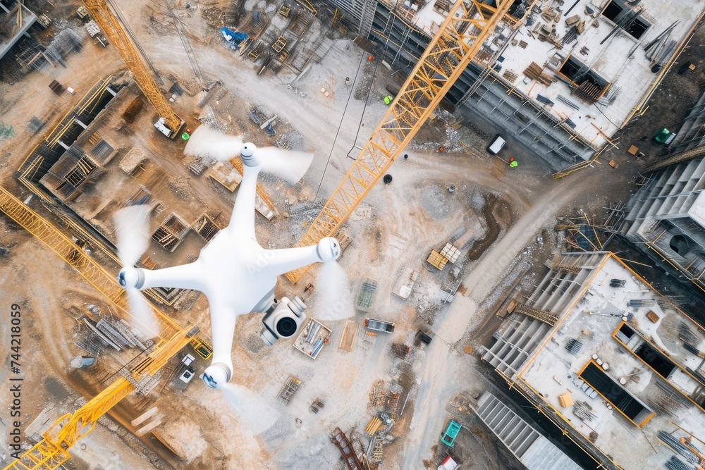 Aerial View of Construction Site With Large White Object in Foreground, Large-scale construction site utilizing drone technology for site surveying, AI Generated