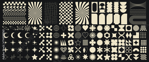 Big vector set of Y2K design elements. Trendy abstract minimalist figures, stars, flowers, circles. Vector illustration