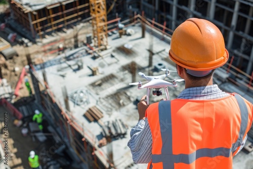 A man wearing an orange safety vest holds a remote control plane in his hands, Large-scale construction site utilizing drone technology for site surveying, AI Generated