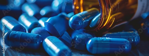 Close-Up of Blue Capsules Spilling from Bottle. A close-up view of gleaming blue capsules spilling out from an amber glass bottle onto a dark reflective surface.