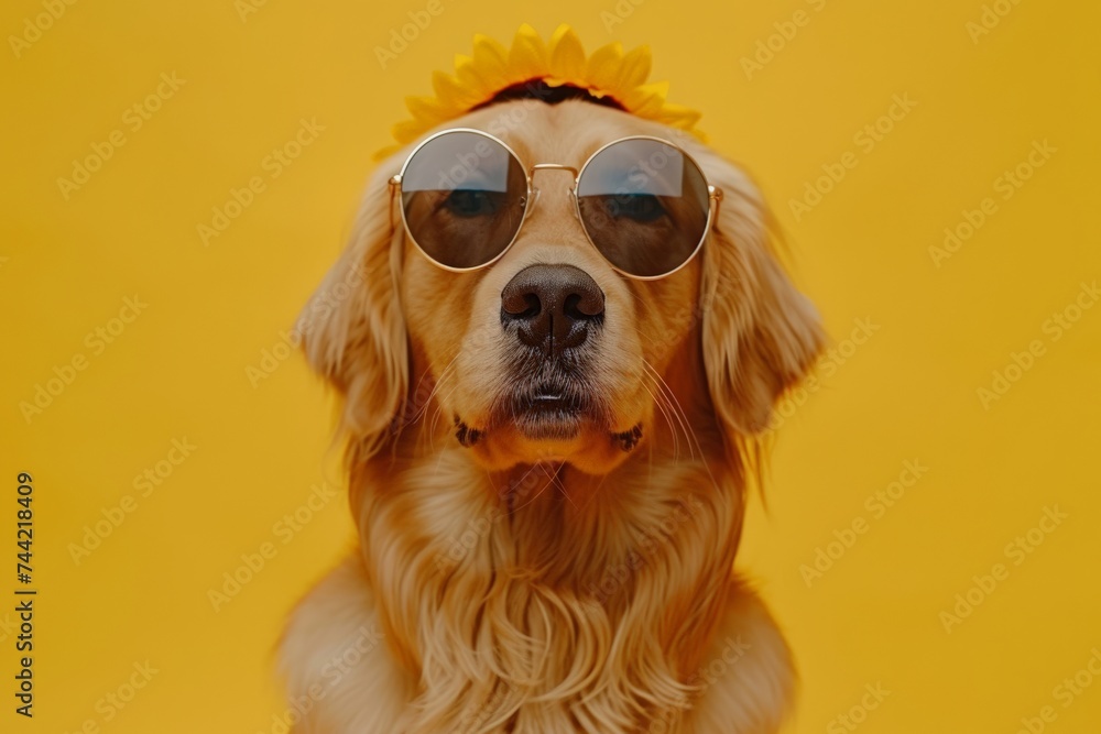 A stylish and playful canine, with its brown fur and yellow goggles, dons a pair of sunglasses and a charming flower headband, making for a cute and fashionable sight