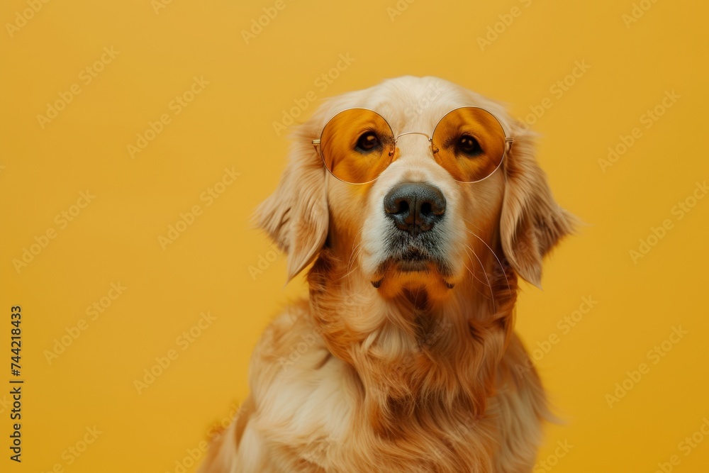 A sophisticated golden retriever dons stylish spectacles, embodying the perfect blend of intelligence and charm as a beloved companion animal