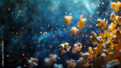 Floating popcorn against an abstract cinema background  featuring generous copy space  ideal for film-themed party invitations  suitable for occasions like World Cinema Day