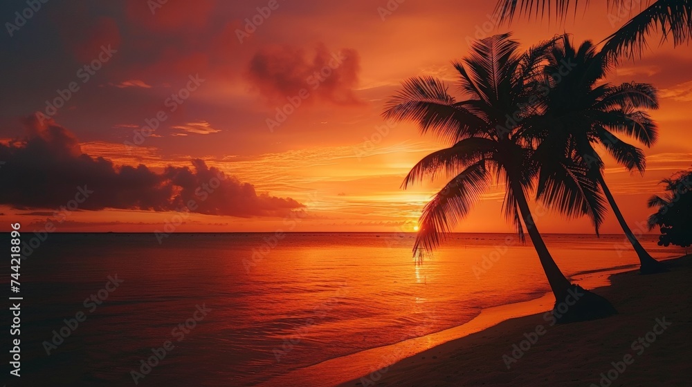 As the fiery sun dips below the horizon, casting a warm afterglow over the tranquil ocean, a lone palm tree stands tall in the serene tropics, a perfect end to a peaceful outdoor evening
