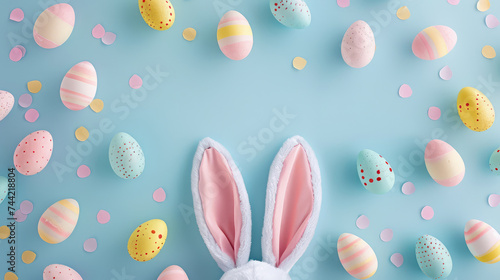 Easter bunny ears on light blue background with space for text and concept for Easter party.