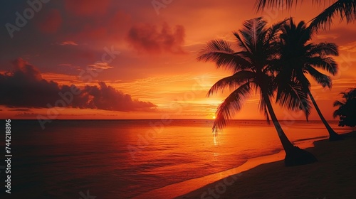 As the fiery sun dips below the horizon, casting a warm afterglow over the tranquil ocean, a lone palm tree stands tall in the serene tropics, a perfect end to a peaceful outdoor evening
