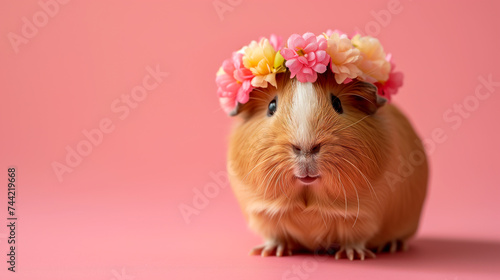 Cute guinea-pig wearing a flower wreath against a pink background, copy space for your text