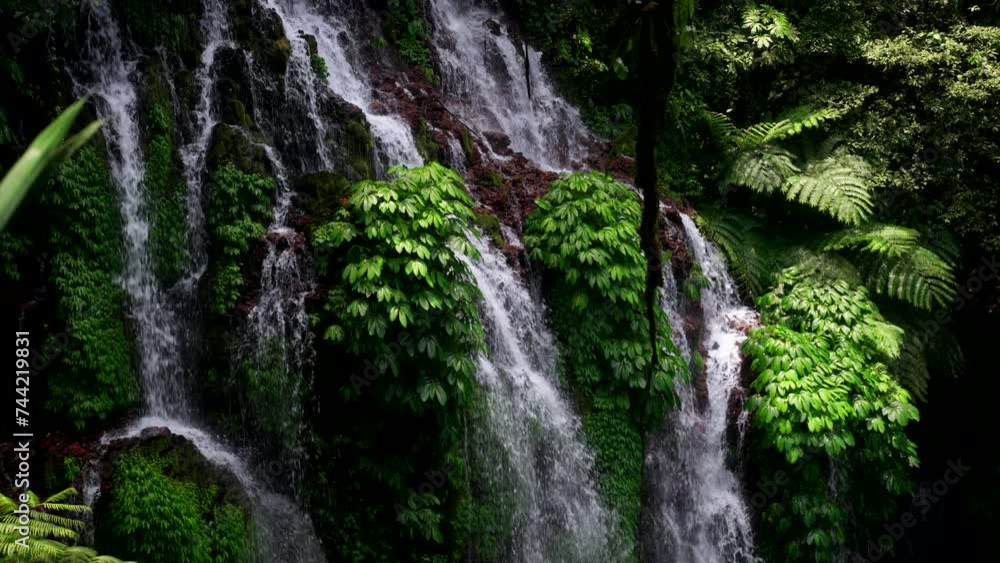 Banyu Wana Amertha waterfall cascades down cliff with leafy vegetation, Bali Banyu Wana Amertha waterfall cascades down cliff with leafy vegetation, Bali