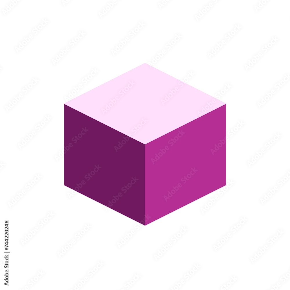 3D cube. Geometric figure in purple gradation color on a white background. Purple shape object and design element. 3D cube. Geometric figure in purple gradation color on a white background. Purple shape object and design element.