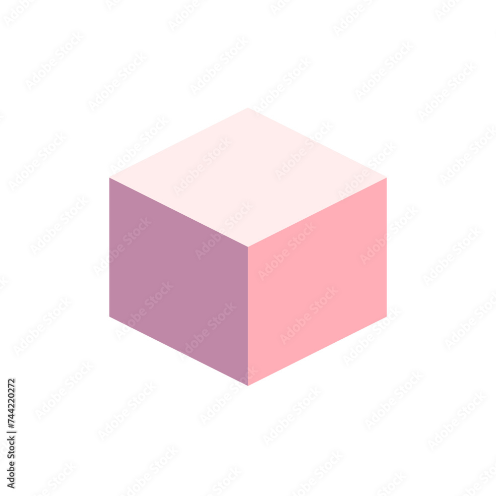 3D cube. Geometric figure in pink gradation color on a white background. Pink shape object and design element. Transparent background. 3D cube. Geometric figure in pink gradation color on a white background. Pink shape object and design element. Transparent background.
