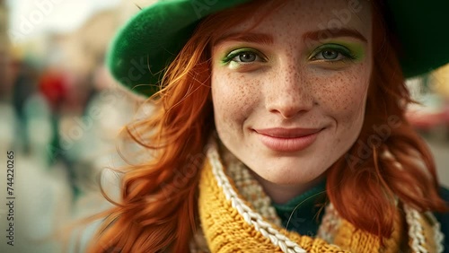 Slow motion portrait of a redhead Irish girl with freckles and green eyeliner smiling on the street during a Saint Patrick's Day celebration photo