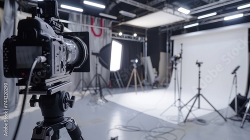 A video recording studio room using camera and lights for make video. AI generated image