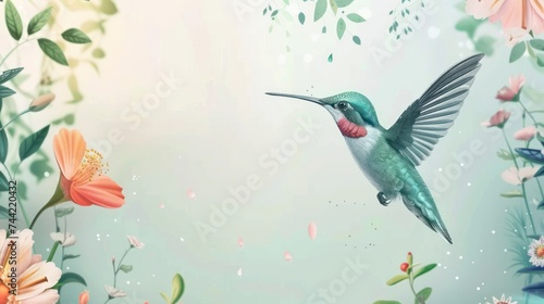 Illustration a hummingbird flying around on floral garden on pastel background. AI generated image © MUCHIB