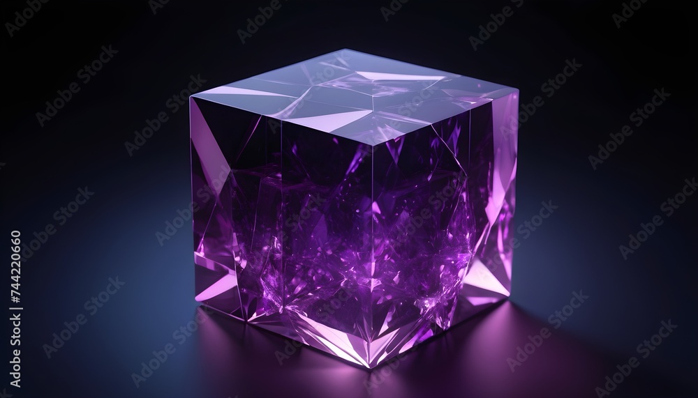 crystal purple cube on dark background isolated