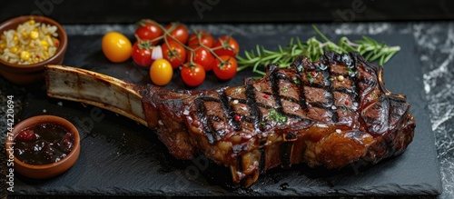 A juicy and succulent tomahawk rib steak served on a slate plate, accompanied by a colorful array of assorted vegetables.
