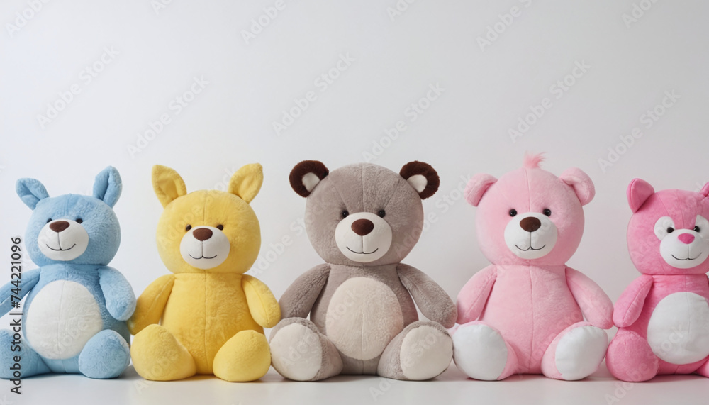 row of plush toys neatly lined up together on white background row of plush toys neatly lined up together on white background