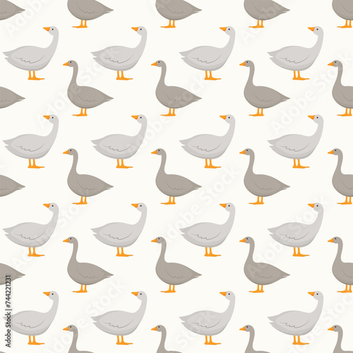 Seamless pattern with cute cartoon grey goose. Vector illustration