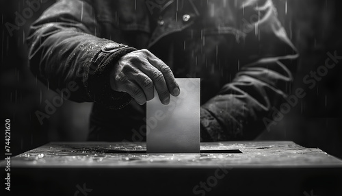 Voter inserting ballot into ballot box. Concept: Soaked voter lacking trust in politicians