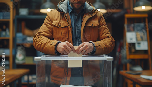 Voter inserting ballot into ballot box.