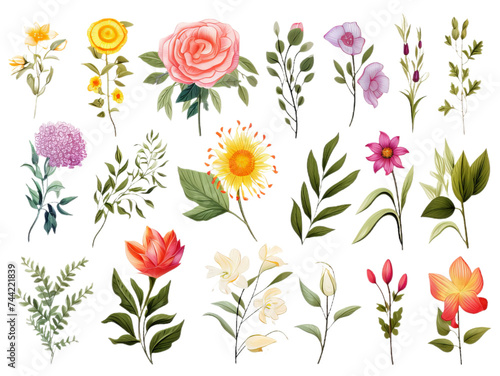 Collection and set of the many different flowers isollated on the transparent background