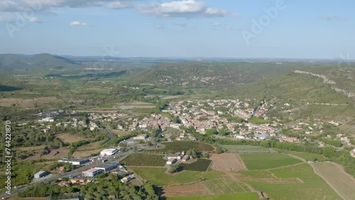Point of view video, made with a drone of the village of Saint Chinian in the south of France. Village known for its wine. photo