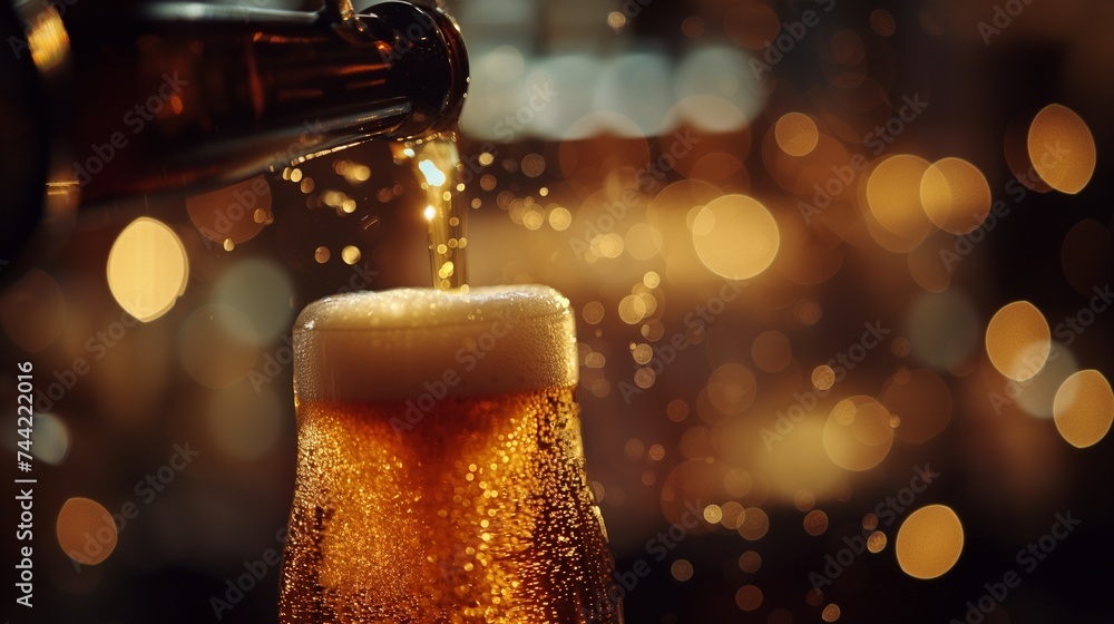 Close-up of Beer Pouring from Bottle into Glass with Frothy Head on Dark Background - obrazy, fototapety, plakaty 