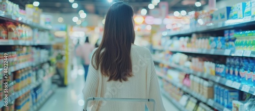 A happy young woman shopping in supermarket with a cart. AI generated image