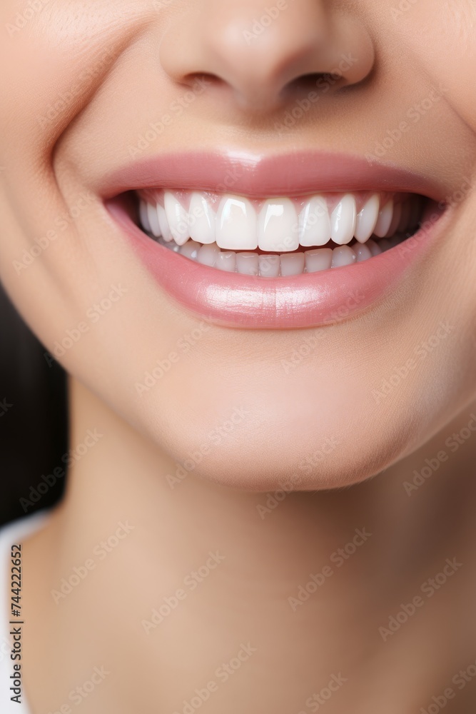 Fototapeta premium Smiling Woman's Mouth Closeup with Perfect White Teeth and Lipstick.
