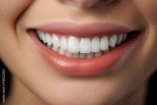 Smiling Woman s Mouth Closeup with Perfect White Teeth and Lipstick.