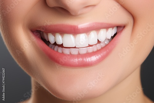 Smiling Woman's Mouth Closeup with Perfect White Teeth and Lipstick.