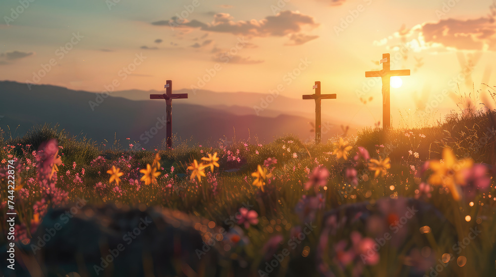 Image with three crosses on a hill at sunset for Easter feast Jesus Christ crucifixion concept. - obrazy, fototapety, plakaty 