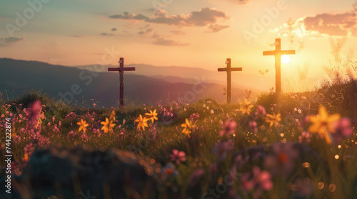 Image with three crosses on a hill at sunset for Easter feast Jesus Christ crucifixion concept. #744222874