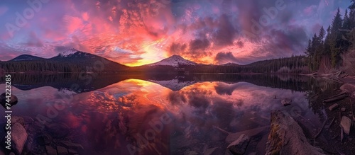 Panoramic mountain mirror reflection on lake water at sunset. AI generated image